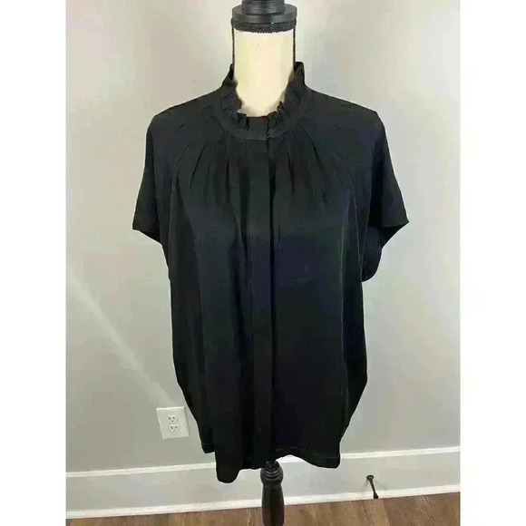 Zero + Maria Cornejo Black Womens 14 Blouse High Neck Ruffle Short Sleeve Button - Picture 1 of 13